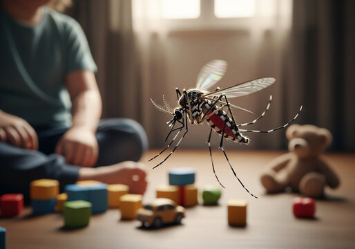 A close-up of a tiger mosquito flying in the air and a child playing with blocks in the background