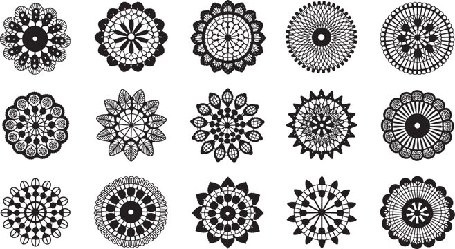 Collection of black vector floral mandala lace doilies in circular patterns vector bundle set