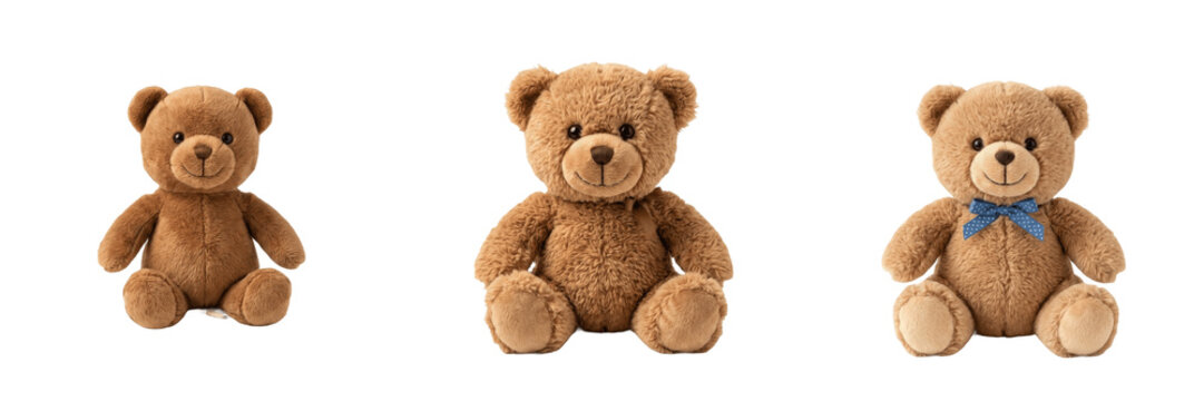 Set and collection of cute brown teddy bear toy isolated on white background
