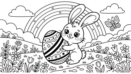 Fototapeta premium Cute bunny rabbit with decorated easter egg and rainbow black and white line art