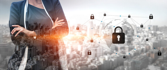 A confident businesswoman stands in front of a city skyline, symbolizing cybersecurity and data protection with digital lock icons and a global network graphic. Gantry © InfiniteFlow