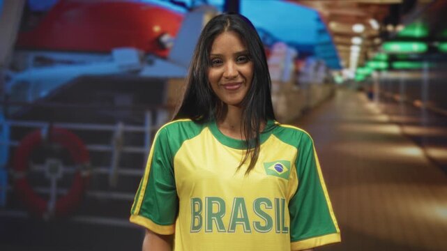 Woman flipping middle finger at camera, smirking in a yellow green brazil jersey on a ship deck with lifebuoy and corridor visible; defiance attitude.
