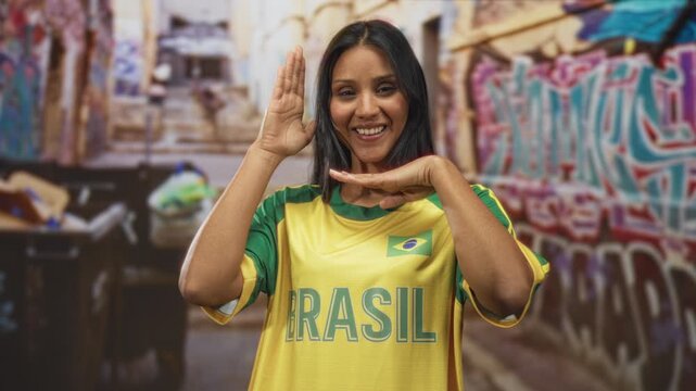 Woman in brasil t shirt smiling frames face with hands in front of colorful graffiti on narrow street; national pride.