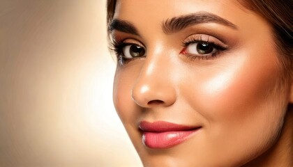 Fototapeta premium Close-up portrait of a beautiful woman with glowing skin and makeup.
