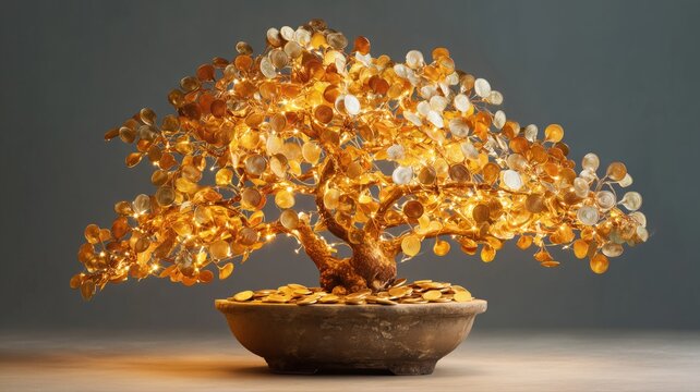 金色のコインがたくさん付いた盆栽の木。インテリアや風水、金運アップのイメージに使える装飾品の写真。
