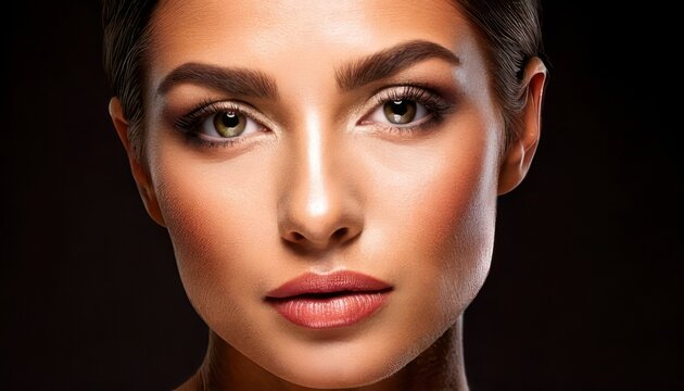Close-up portrait of a woman with flawless makeup and glowing skin.