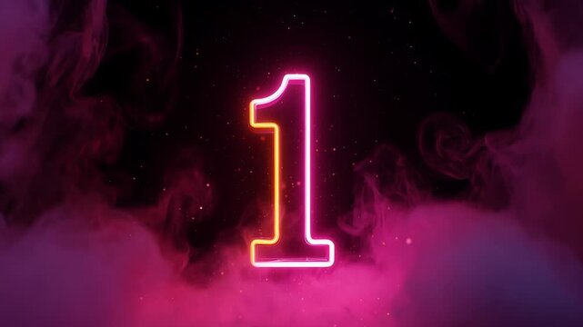 Glowing neon number 1 in pink smoke with sparkling particles. Festive countdown background for celebration, party events and final reveal moments.