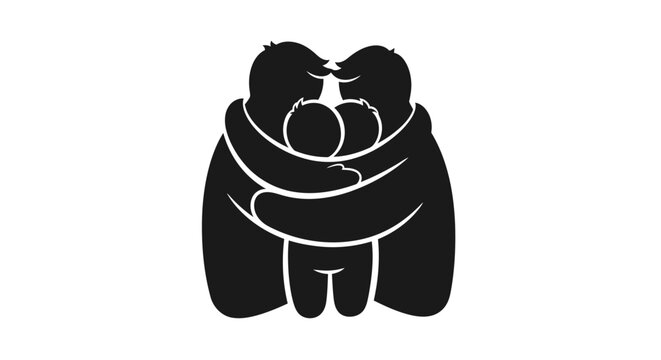 Family members are shown in a tight group hug symbolizing love and unity in this black and white graphic illustration featuring minimalist human silhouettes with significant copy space for text.