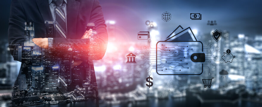 Modern mobile banking concept featuring secure digital wallet interface, contactless NFC payment, and money transfer. Represents safe user financial buy transactions in a cashless society. Corpus