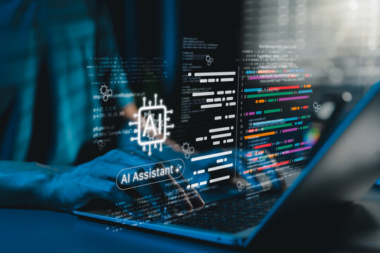 AI coding assistant for software development concept. Machine Learning Code, Programmer use laptop with code and AI chip represents artificial intelligence, AI programming, software development tools,