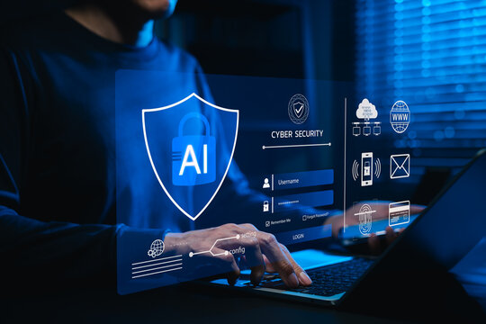 AI cybersecurity login and data privacy concept. Person using laptop with virtual AI shield, lock, username form, password field and fingerprint icons for secure access, authentication, threat defense