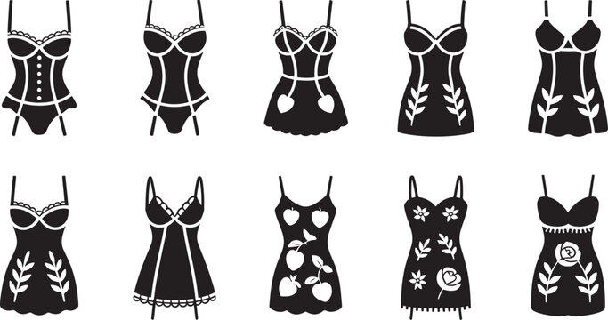 Set of black lingerie illustrations with fruit and floral lace patterns vector bundle set