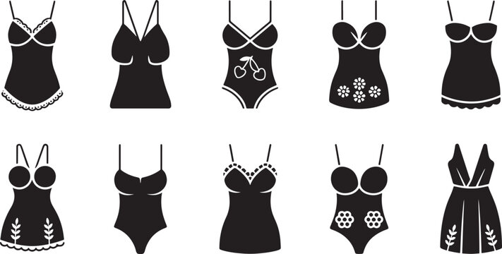 Black lingerie icons with white details vector bundle set