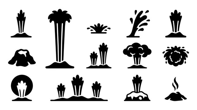 Geyser Eruption Silhouette Icon Set &ndash; Hot Spring, Steam and Water Column