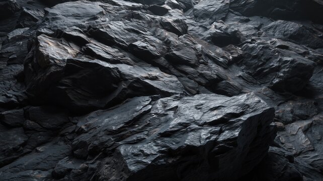 黒く光沢のある岩の表面が密集している様子。自然や地質学の研究素材や背景に適した岩石のクローズアップ