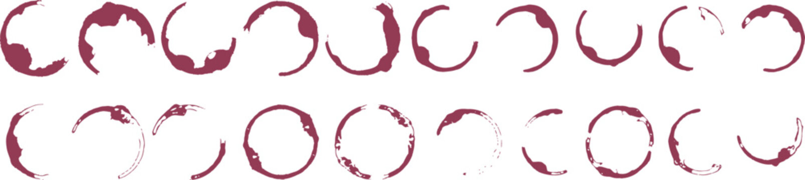 Vector red wine and coffee cup stain rings. Grunge isolated burgundy circle marks and liquid splash splatters for menu or vintage design.
