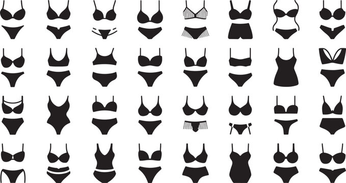 Black silhouette icons of various lingerie and swimwear sets vector bundle set