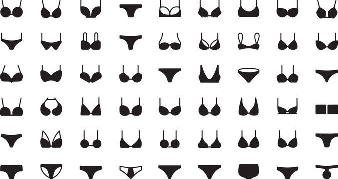 Black icons of womens lingerie and swimwear vector bundle set