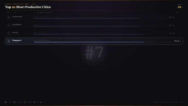 Top ten most productive cities ranking chart with global performance scores and indicators