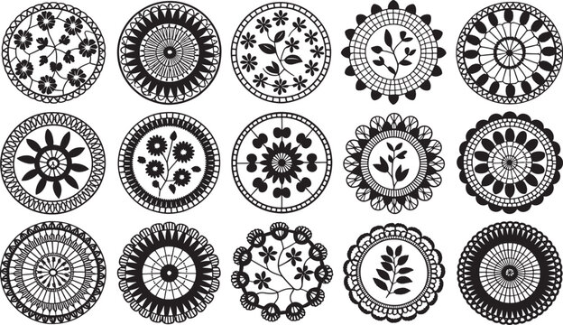 Set of sixteen intricate black and white floral lace doily patterns on white background vector bundle set