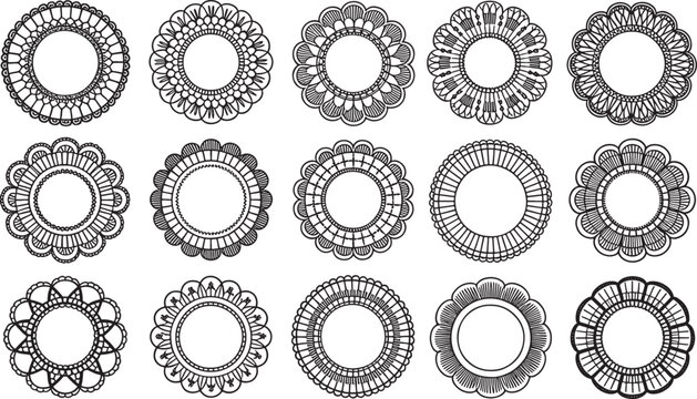 Set of twelve intricate circular crochet lace doilies with floral patterns on white background vector bundle set