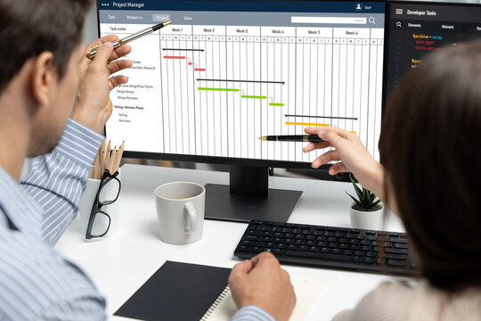 Project planning software for brisk business project management on the computer screen showing timeline chart of the team project