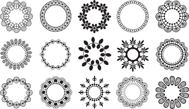 Set of twelve intricate floral crochet doily patterns in circular designs with lace details vector bundle set