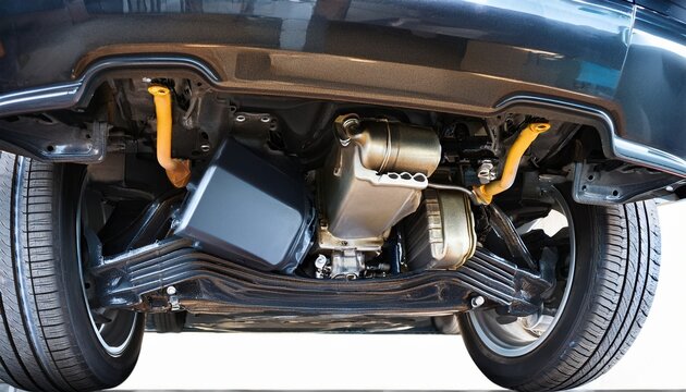 detailed drone photography of car underbody featuring catalytic converter engine oil filter and transmission pan for pre purchase inspection by auto mechanic