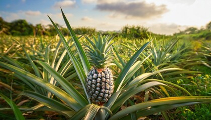 Fototapeta premium fresh pineapple growing in field surrounded by lush green foliage