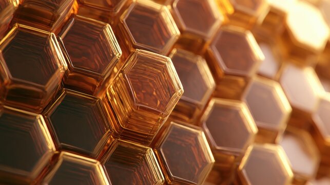 See the intricate hexagonal pattern of honeycomb wax, its warm amber hues glowing as light reveals natures design up close.