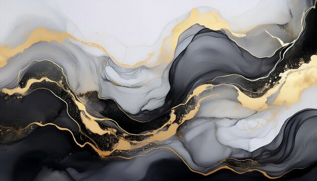 abstract grey art with gold a black and white background with beautiful smudges and stains made with alcohol ink and golden paint grey fluid texture resembles marble smoke watercolor or aquarelle