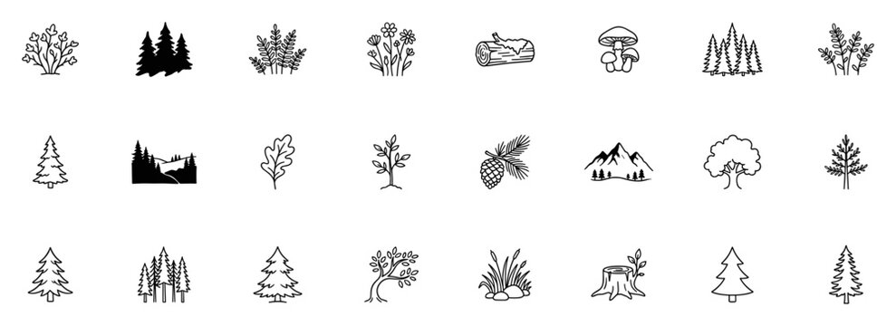 Forest nature vector icon set with pine trees, plants, mushrooms, branches, logs and woodland landscape elements on transparent background