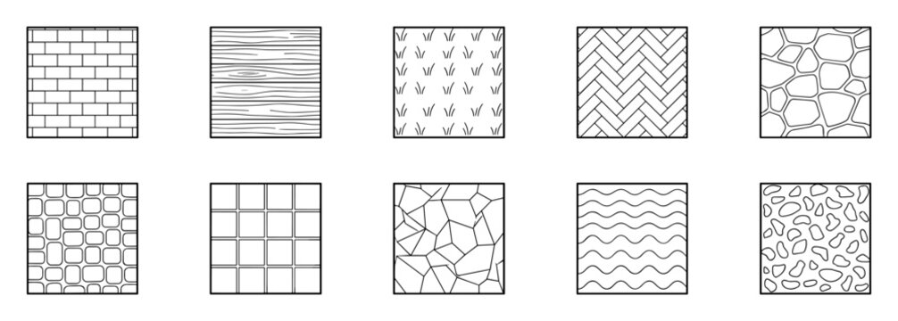 Seamless vector pattern set with brick wall, wood texture, stone pavement, tiles and abstract surface designs on transparent background