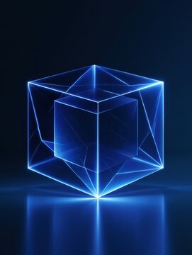 A 3D render of a rotating hypercube tesseract illustrates four-dimensional geometry with glowing edges against a deep navy background.