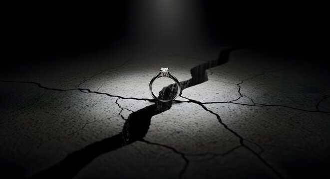 A single diamond ring sits on a cracked concrete surface dramatically lit with a spotlight broken ground broken heart facing problems breaking free