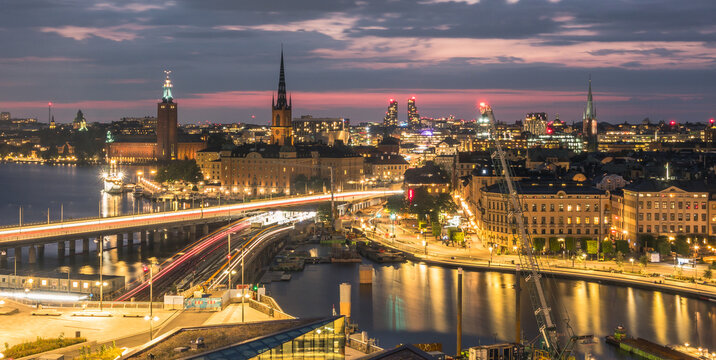  Stockholm Sweden Skyline with City Hall Stadshuset and Riddarholmen Church at Sunset with Bridges and Waterfront Cityscape