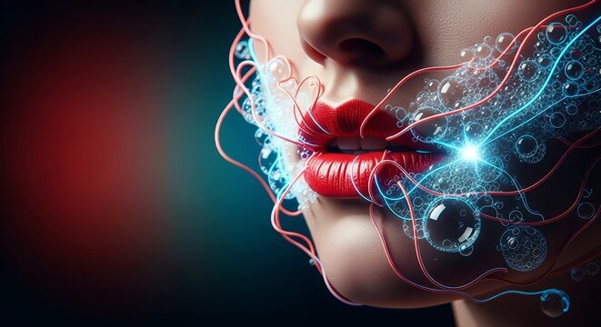 Woman with red lips wrapped in glowing digital wires and bubbles. Concept of skincare technology and futuristic beauty. Synthetic skin care treatment to hydrate and rejuvenate face.