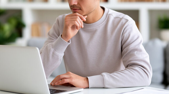 Unrecognizable Man Searching Job Listings on Laptop with Tense Posture &ndash; Career Uncertainty Concept