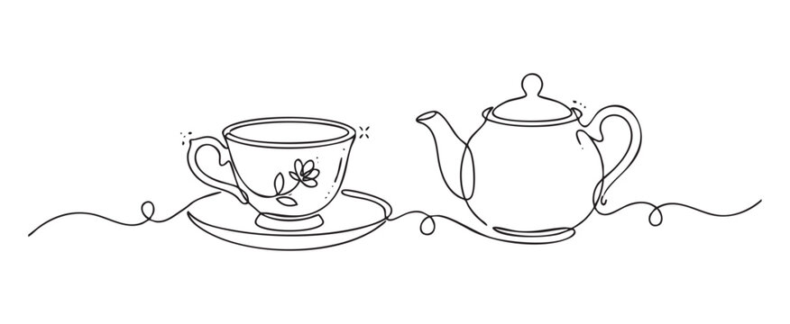 Continuous one line drawing of a porcelain teacup set with teapot on a transparent background vector for a tea time relaxation and mindfulness concept in minimalist art style