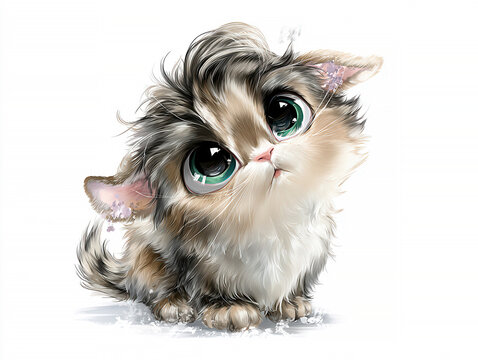 Close-up of a stylized, kawaii Manx cat head on white background Soft fur with depth and texture, large expressive eyes with long eyelashes Possibly digitally painted or illustrated, - AI-Generated