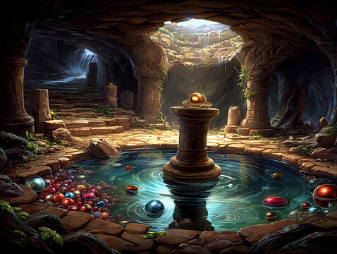 Ancient underground chamber with a reflective pool, colorful pearls, and glowing orbs in a stone cove Earth tones dominate the color palette with blue hints from water reflections Rea - AI-Generated
