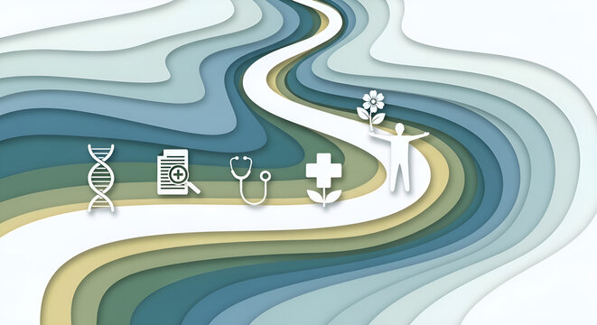Healthcare Patient Journey Path with Medical Icons and Abstract Papercut Background. Featuring icons representing genetics, diagnosis, clinical care, and final wellness.