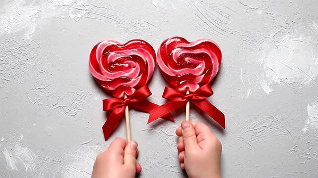 Two heart shaped lollipops with bows held by hands on a grey background