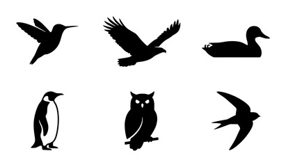 Diverse Bird Silhouettes Collection: Hummingbird, Eagle, Duck, Penguin, Owl, Swift Vector Icons for Nature and Wildlife Graphics © Shahinur