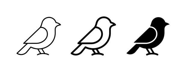 Three Bird Icons: Outline, Simple Line Art, and Solid Silhouette Vector Graphics for Nature and Wildlife Themes © Momena