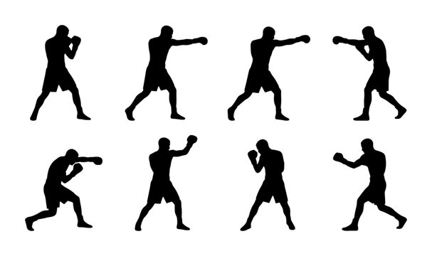 Boxing Silhouette Set, Martial Arts Action Poses, Fighter Silhouette Collection, Combat Sports Vector Graphics, Dynamic Punching Movements