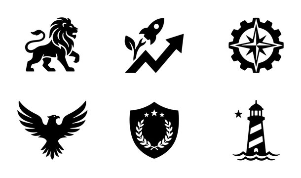 Modern Business Icons Set: Lion, Rocket Growth, Compass Gear, Eagle, Shield Laurel, Lighthouse, Vector Graphics for Corporate Branding and Strategy