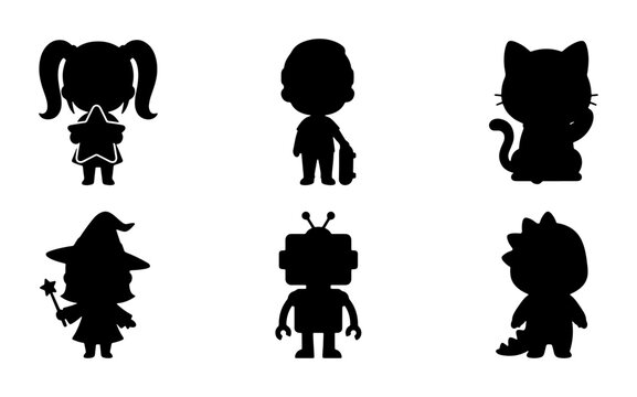 Vector Silhouette Collection: Diverse Characters, Kids, Robot, Witch, Cat, Dinosaur, Star Holder, Skateboarder, Magical Elements, Playful Design