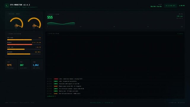 System monitor dashboard with CPU RAM disk network usage and live log stream terminal