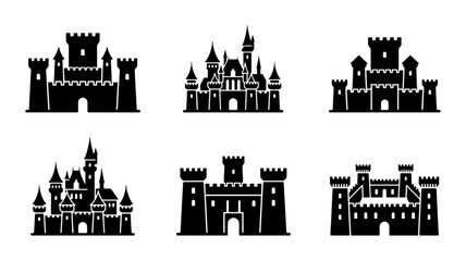 Medieval Castle Icons Set, Royal Fortress Silhouettes, Fantasy Kingdom Architecture Collection, Black and White Vector Graphics for Fairytale Designs © Nusrat